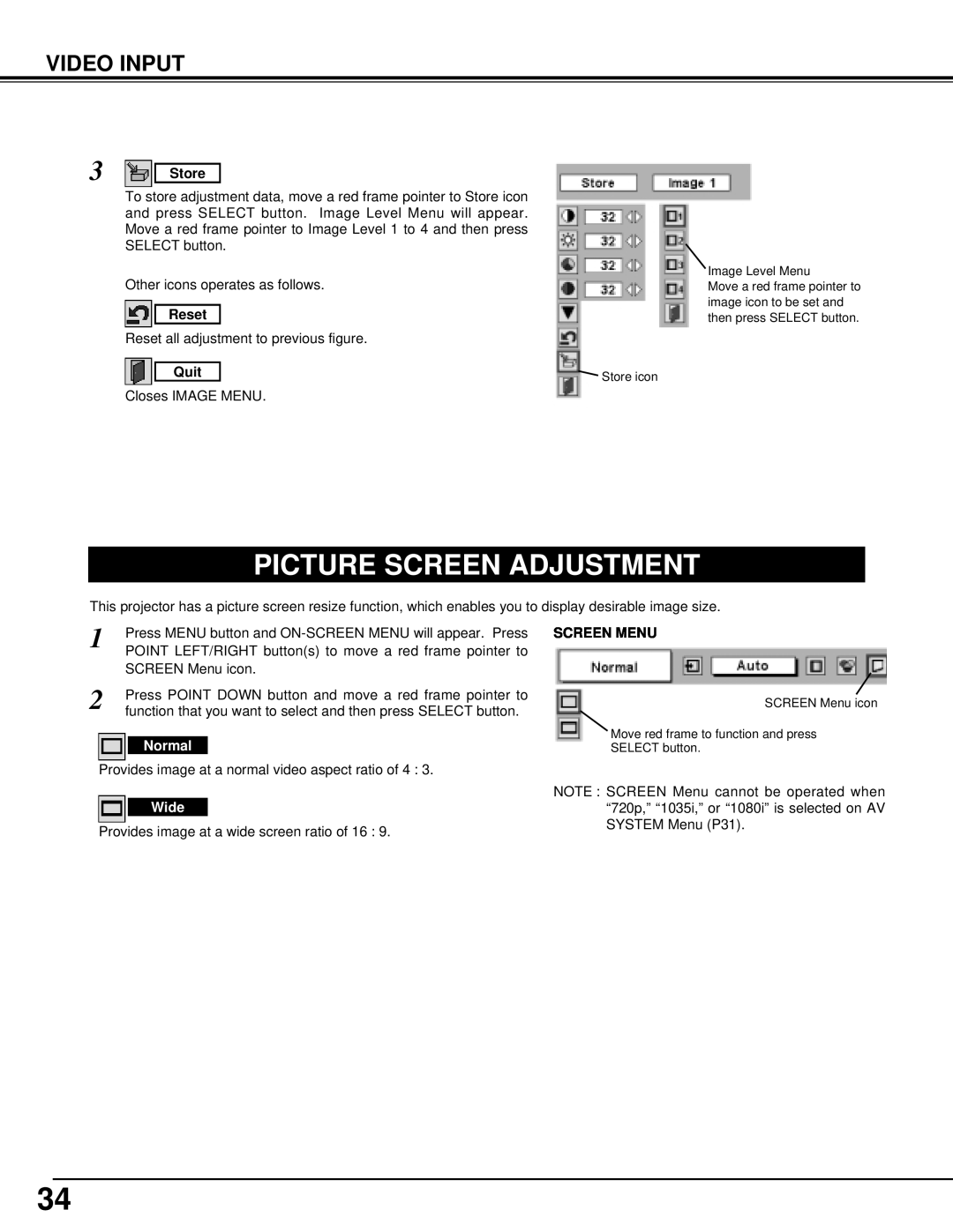 BOXLIGHT MP-41T manual Picture Screen Adjustment, Video Input, Store, Reset, Quit, Screen Menu 
