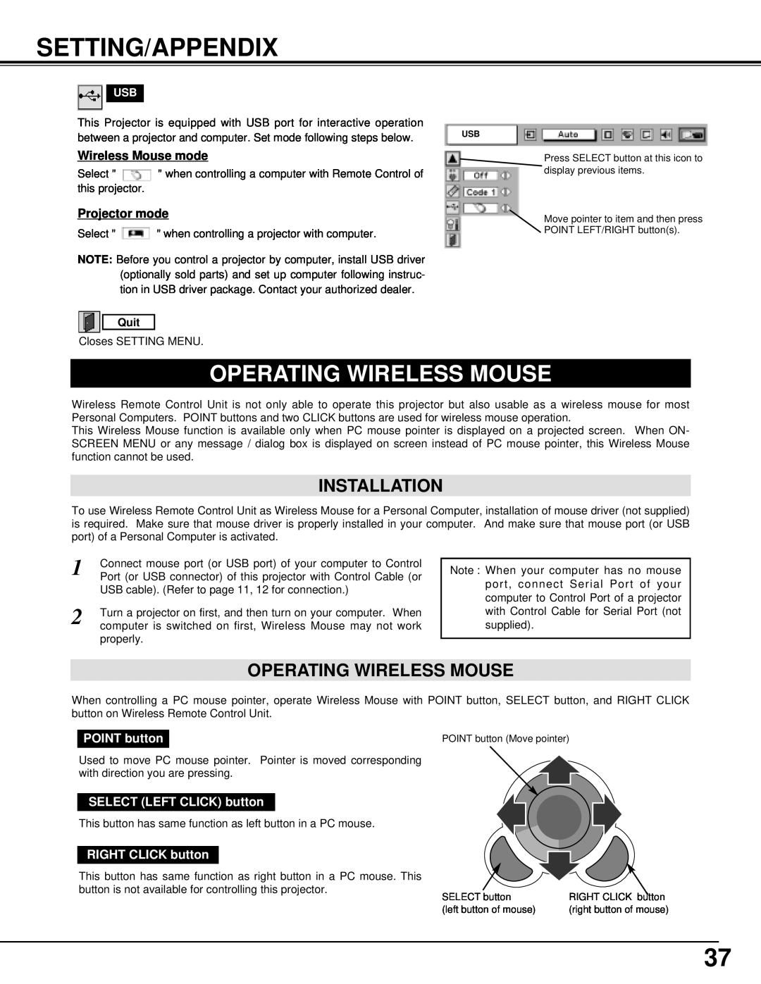 BOXLIGHT MP-41T manual Setting/Appendix, Operating Wireless Mouse, Installation, Quit 