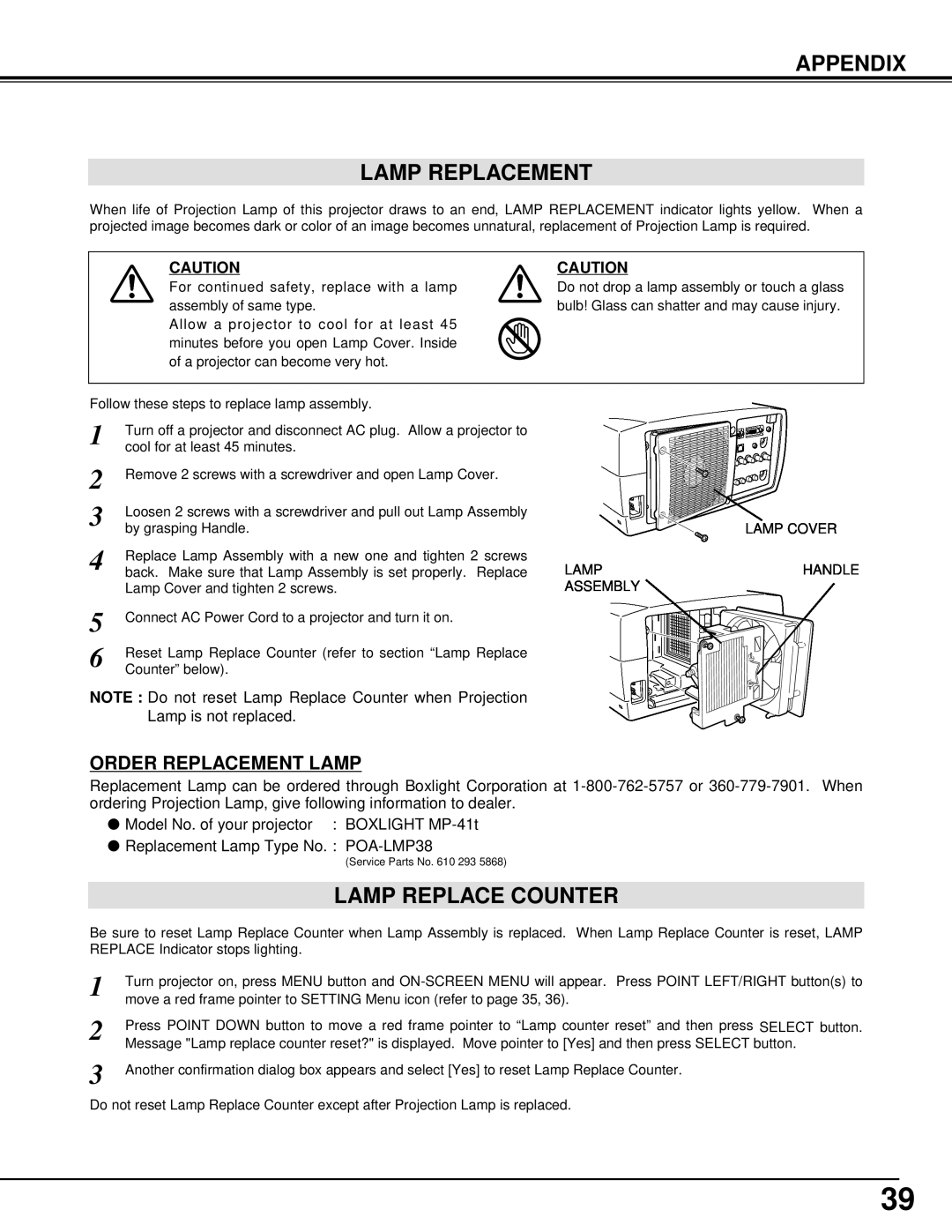 BOXLIGHT MP-41T manual Appendix Lamp Replacement, Lamp Replace Counter, Order Replacement Lamp 