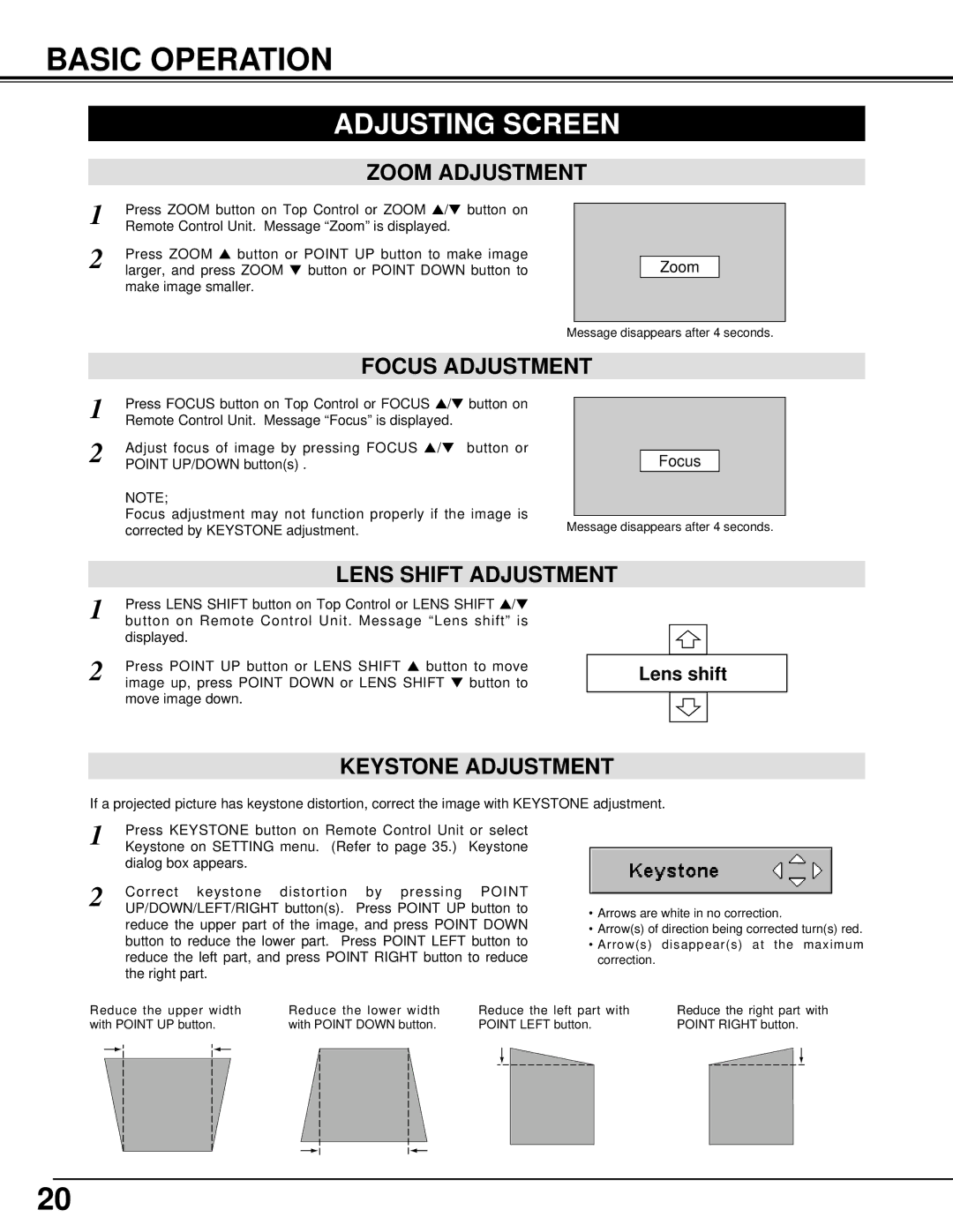 BOXLIGHT MP-42T manual Basic Operation, Adjusting Screen, Zoom Adjustment, Focus Adjustment, Keystone Adjustment 