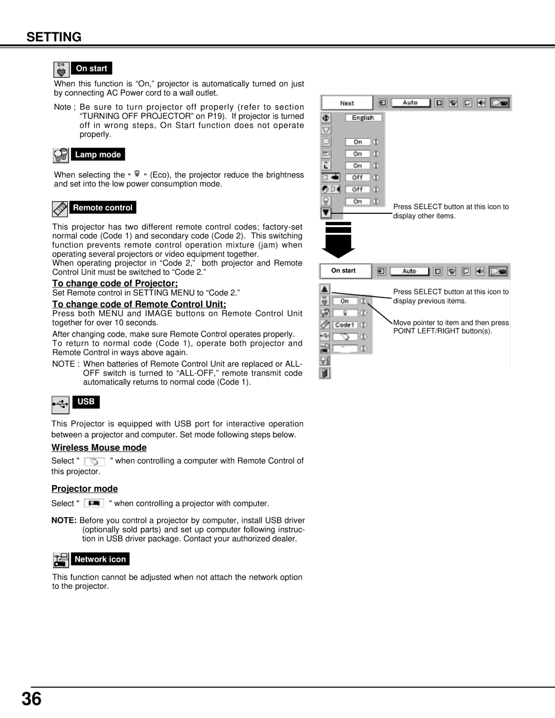 BOXLIGHT MP-42T To change code of Projector, To change code of Remote Control Unit, Wireless Mouse mode, Projector mode 