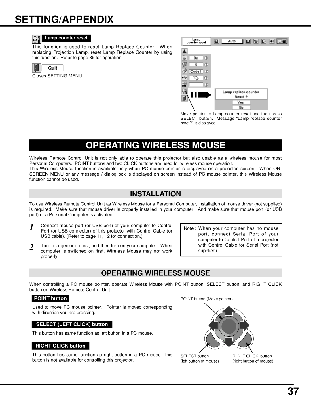 BOXLIGHT MP-42T manual Setting/Appendix, Operating Wireless Mouse, Installation, Lamp counter reset 