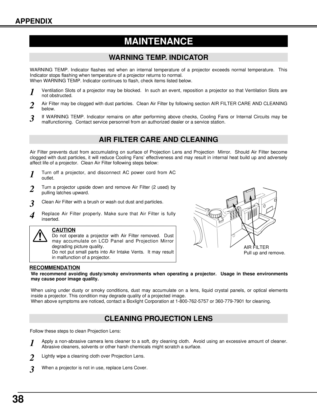 BOXLIGHT MP-42T manual Maintenance, AIR Filter Care and Cleaning, Cleaning Projection Lens 