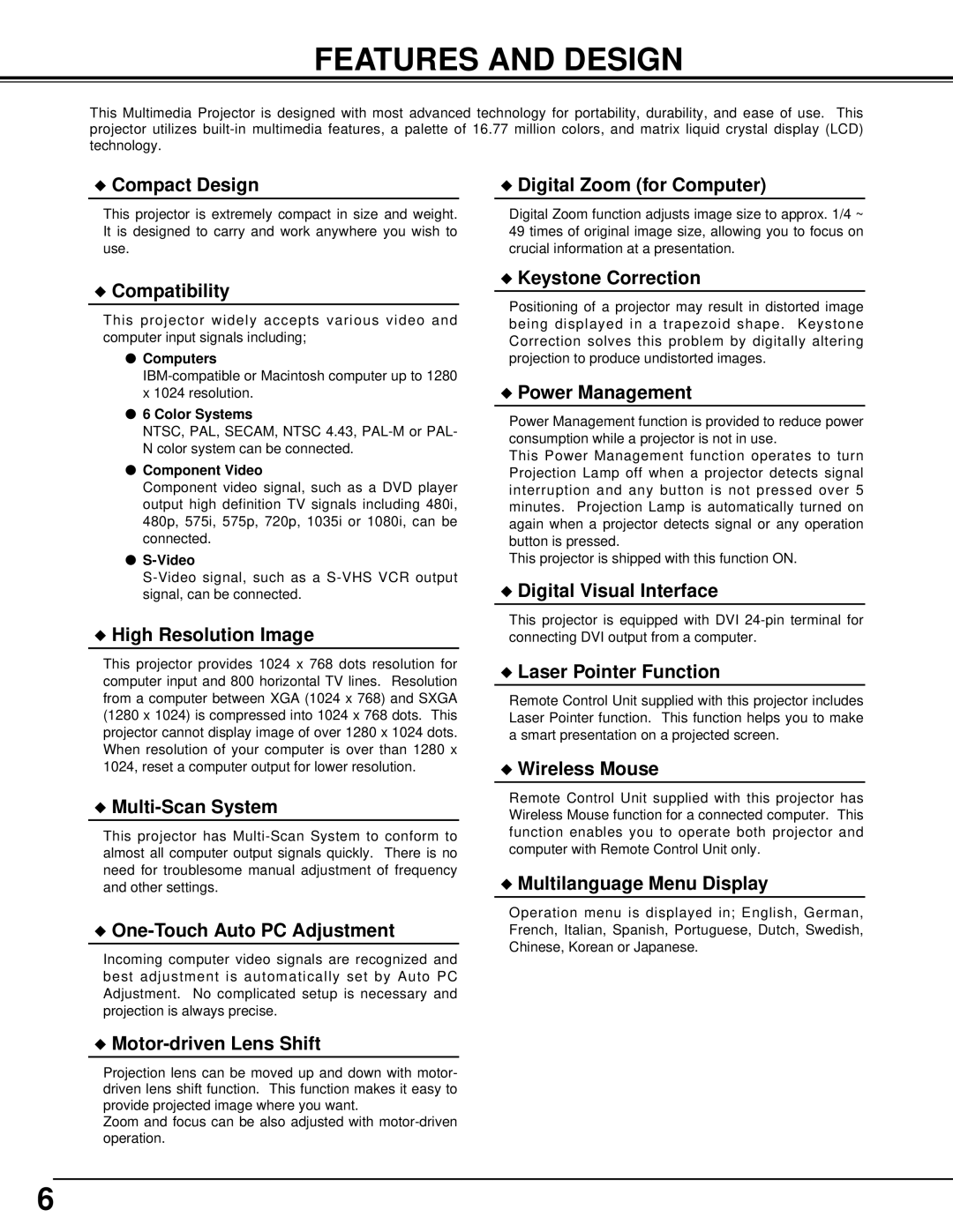 BOXLIGHT MP-42T manual Features and Design, Compact Design Digital Zoom for Computer 