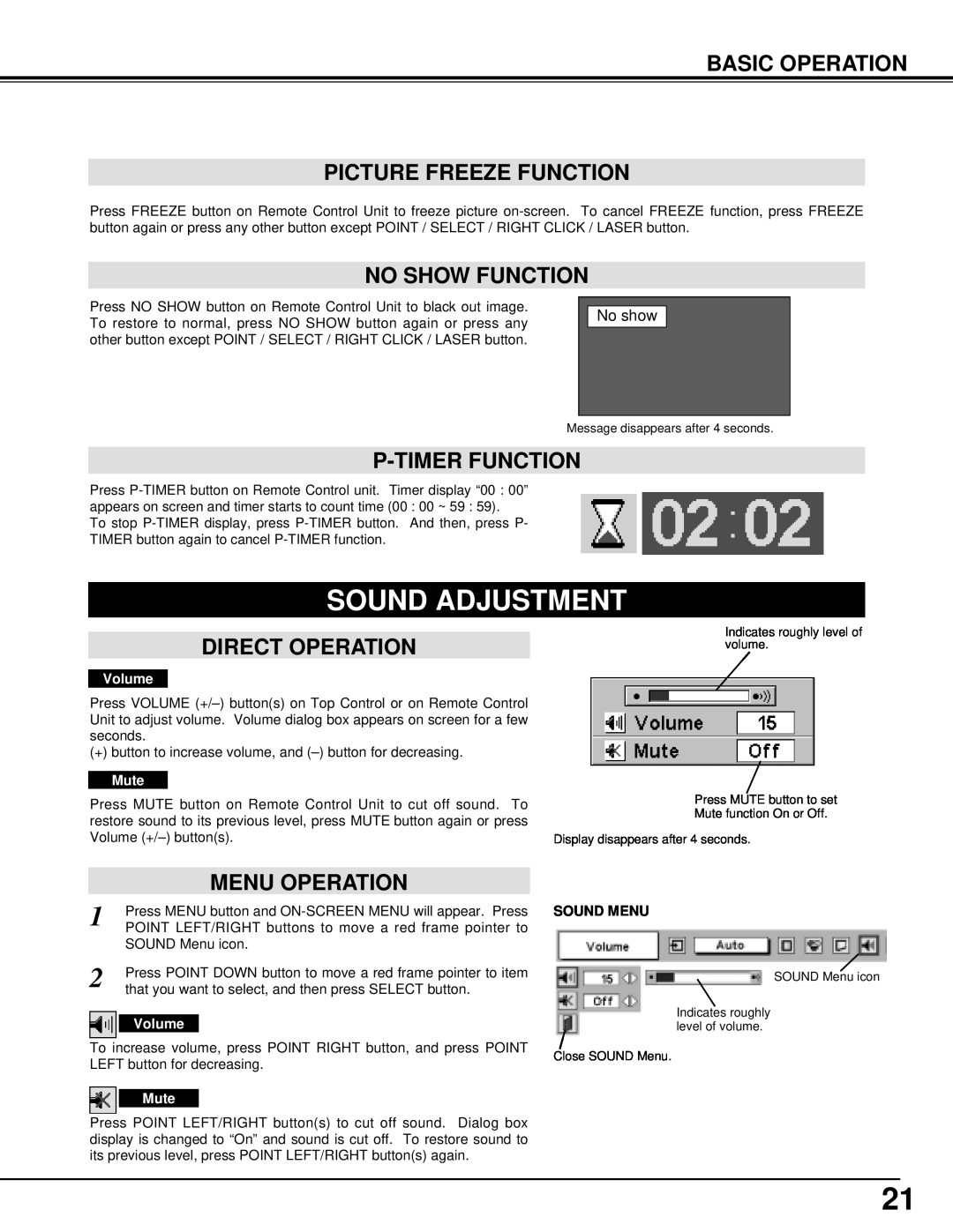 BOXLIGHT MP-42T Sound Adjustment, Basic Operation Picture Freeze Function, No Show Function, P-Timer Function, Sound Menu 