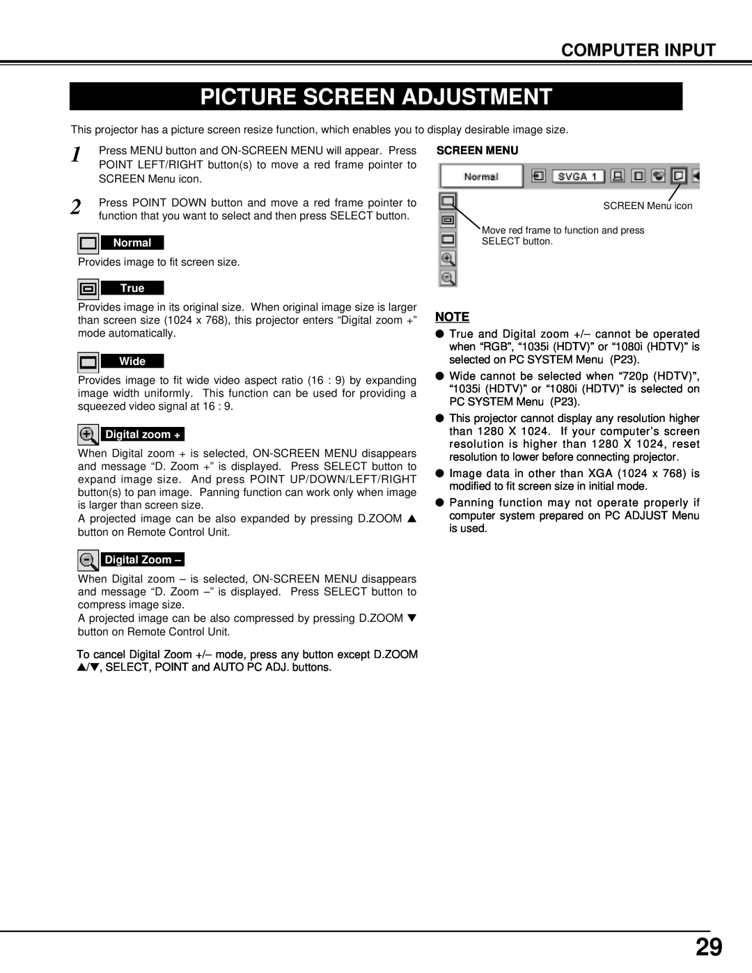BOXLIGHT MP-42T manual Picture Screen Adjustment, Computer Input, Screen Menu 
