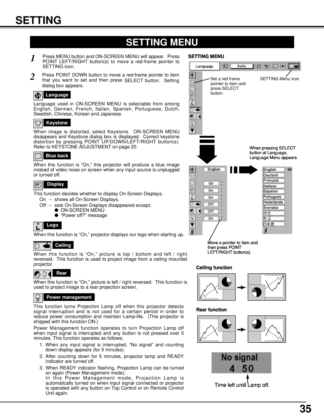 BOXLIGHT MP-42T manual Setting Menu, Ceiling function, Rear function 
