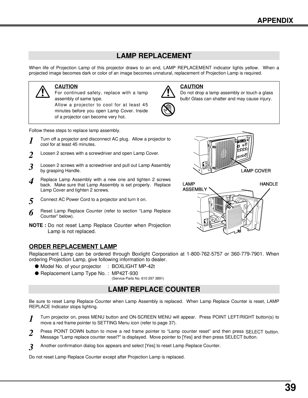 BOXLIGHT MP-42T manual Appendix Lamp Replacement, Lamp Replace Counter, Order Replacement Lamp 