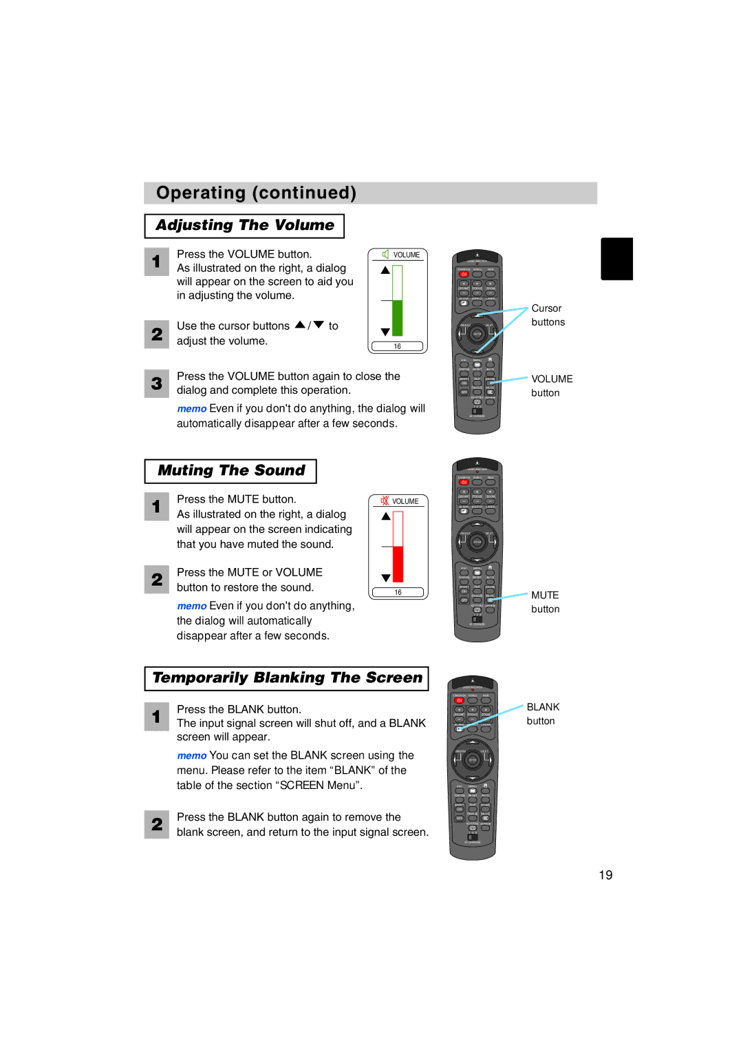 BOXLIGHT MP-57i, MP-58i user manual Adjusting The Volume, Muting The Sound, Temporarily Blanking The Screen 