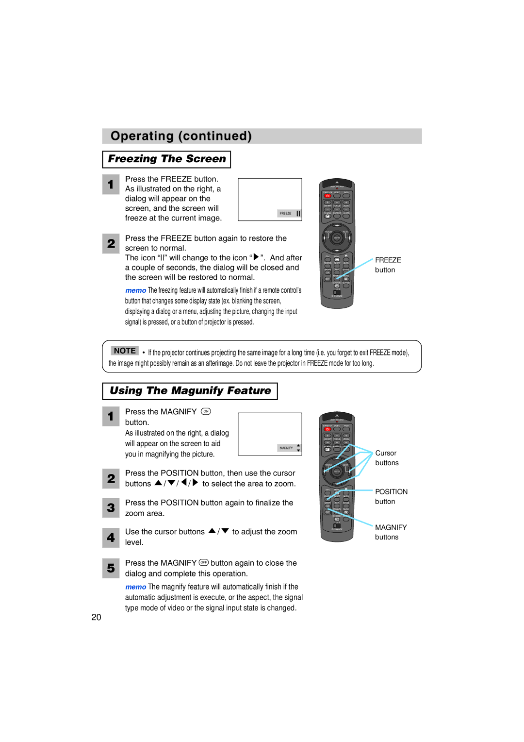 BOXLIGHT MP-58i, MP-57i user manual Freezing The Screen, Using The Magunify Feature, Press the Magnify Button 