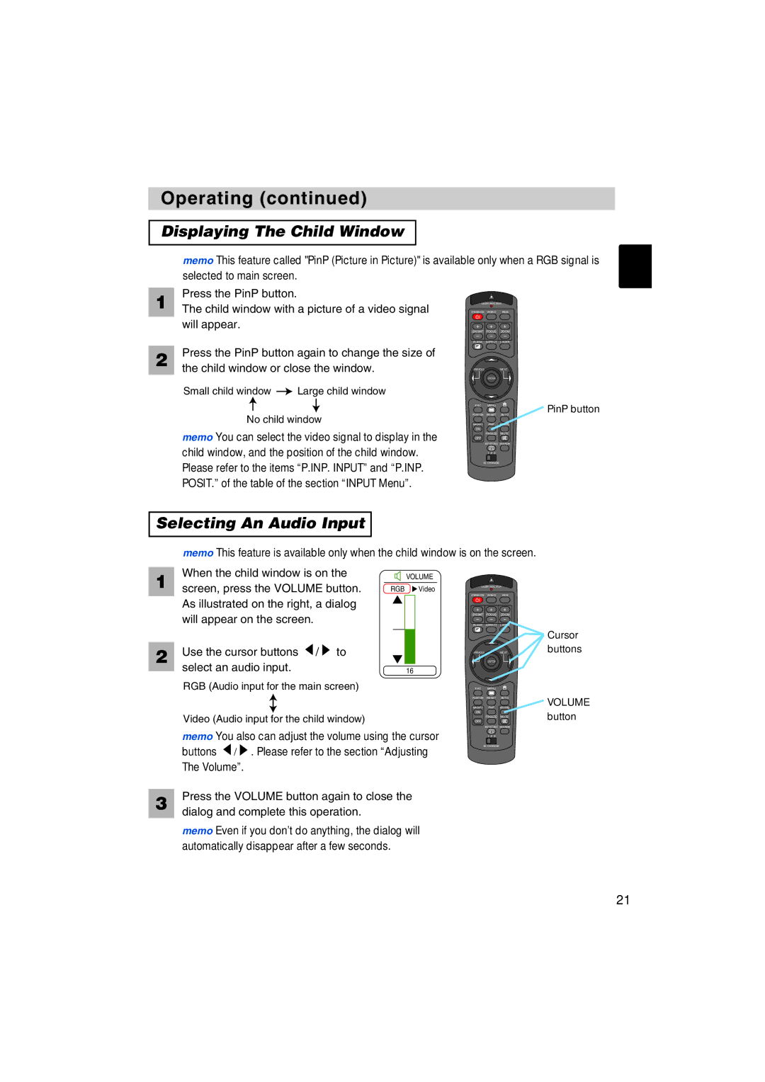 BOXLIGHT MP-57i, MP-58i user manual Displaying The Child Window, Selecting An Audio Input 