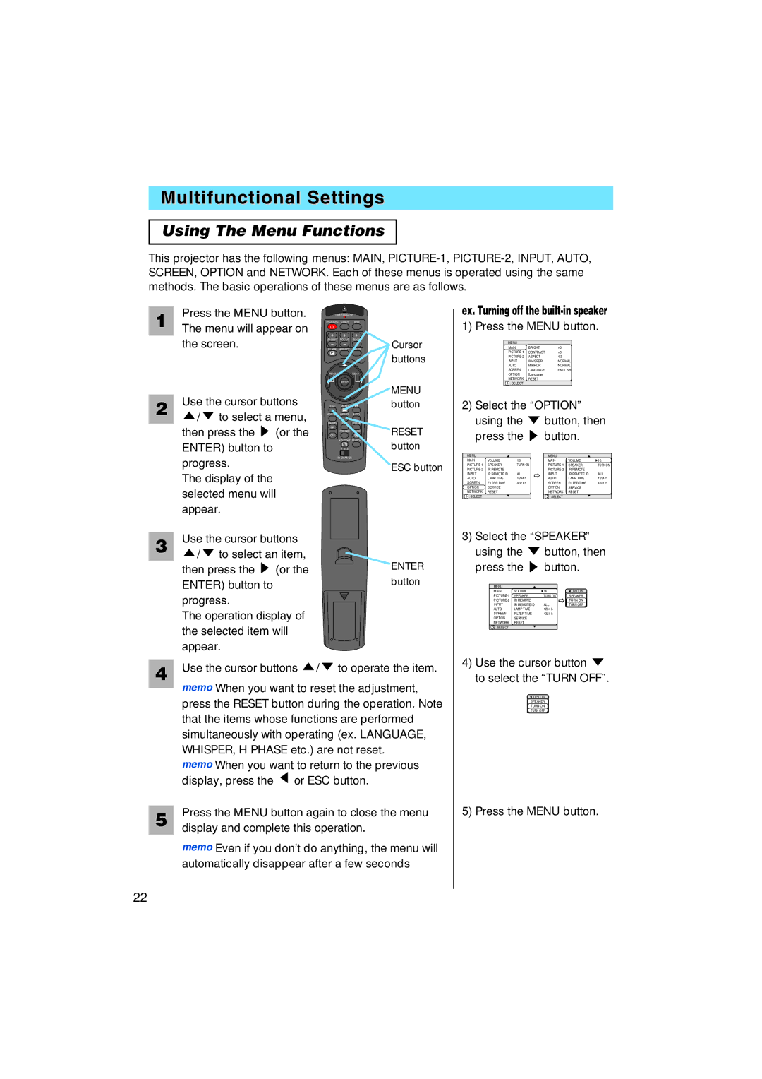 BOXLIGHT MP-58i, MP-57i user manual Multifunctional Settings, Using The Menu Functions, Ex. Turning off the built-in speaker 