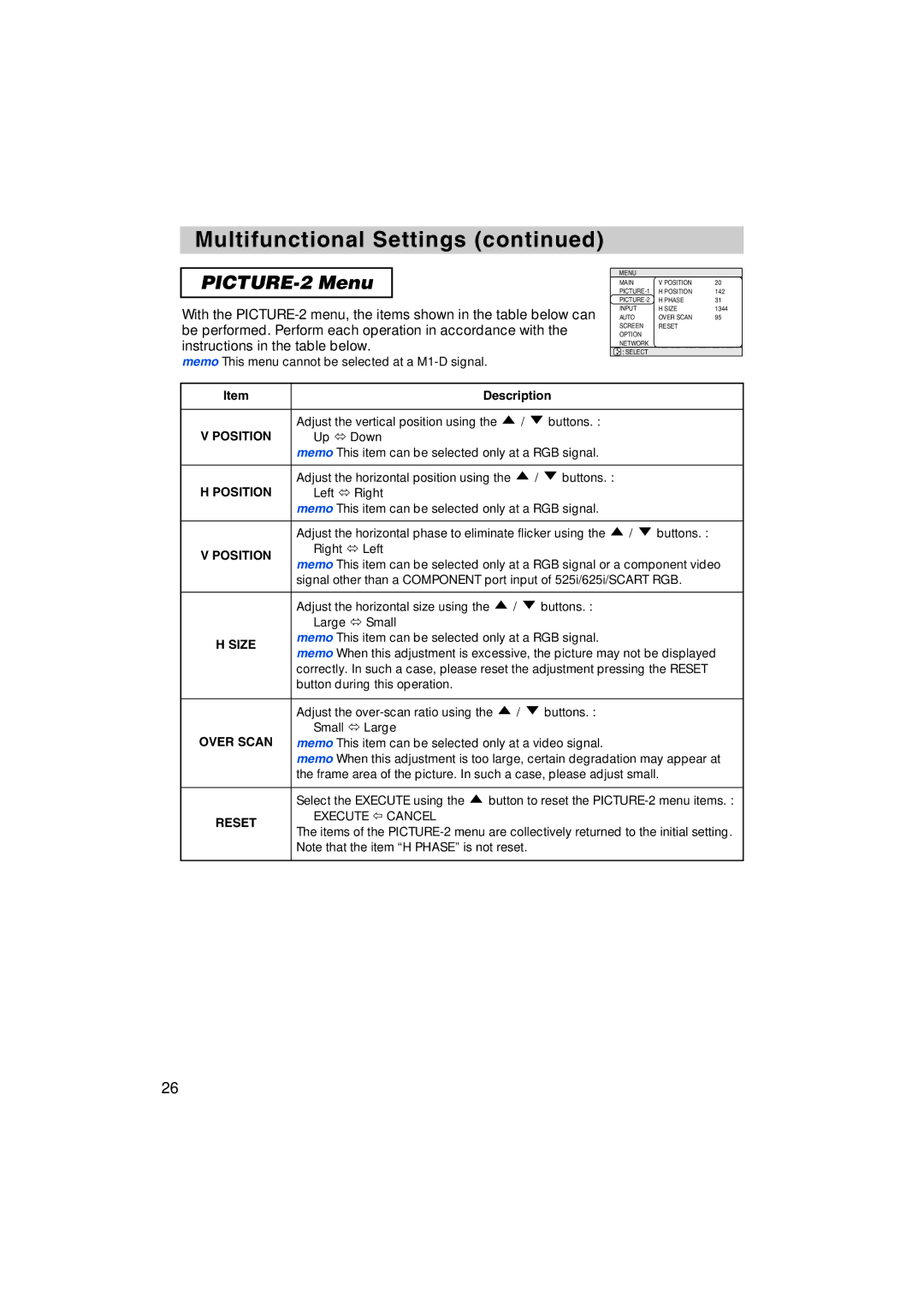 BOXLIGHT MP-58i, MP-57i user manual PICTURE-2 Menu, Position, Size 