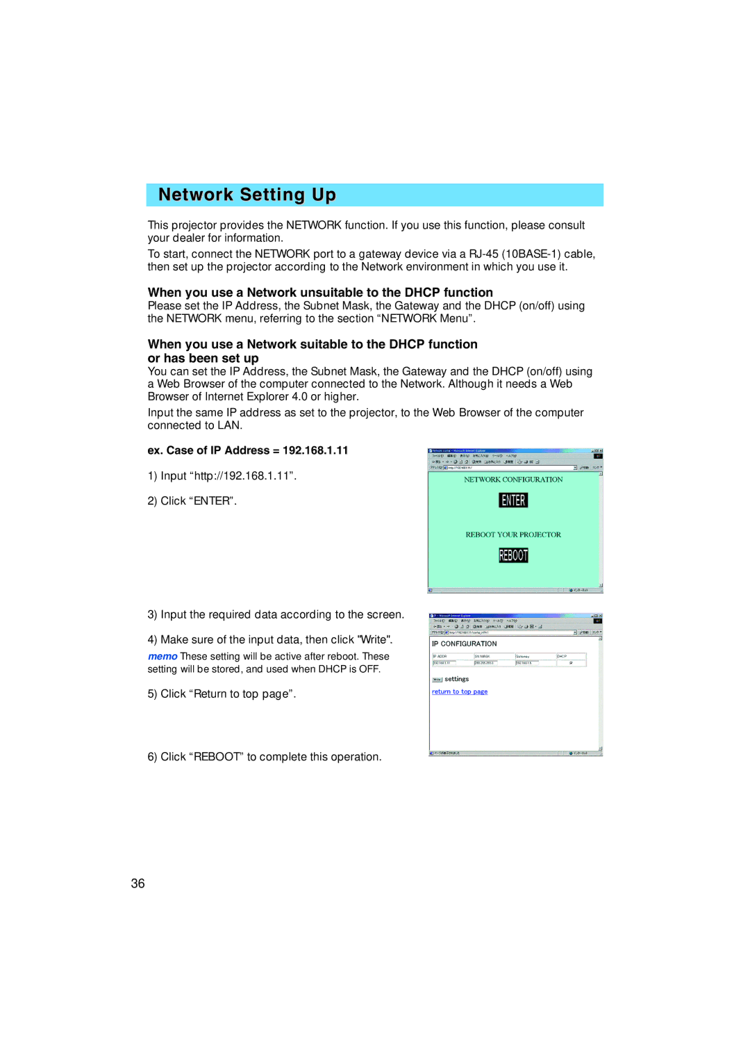 BOXLIGHT MP-58i Network Setting Up, Ex. Case of IP Address =, Click Return to top Click Reboot to complete this operation 