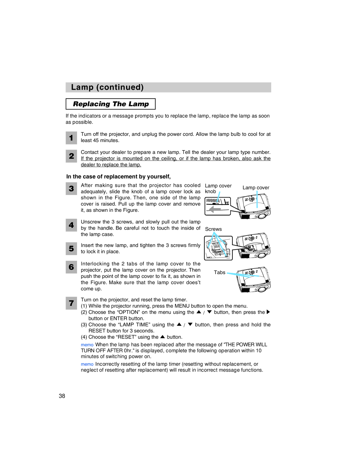 BOXLIGHT MP-58i, MP-57i user manual Replacing The Lamp, Dealer to replace the lamp, Knob 