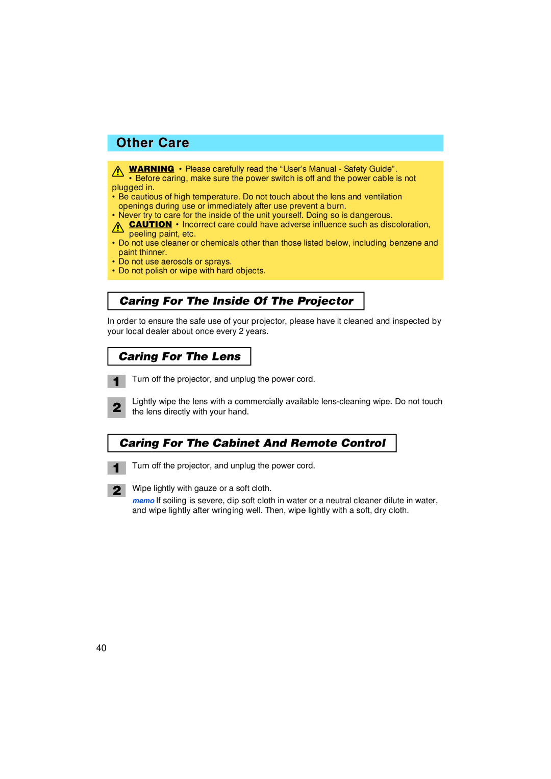 BOXLIGHT MP-58i, MP-57i user manual Other Care, Caring For The Inside Of The Projector, Caring For The Lens 