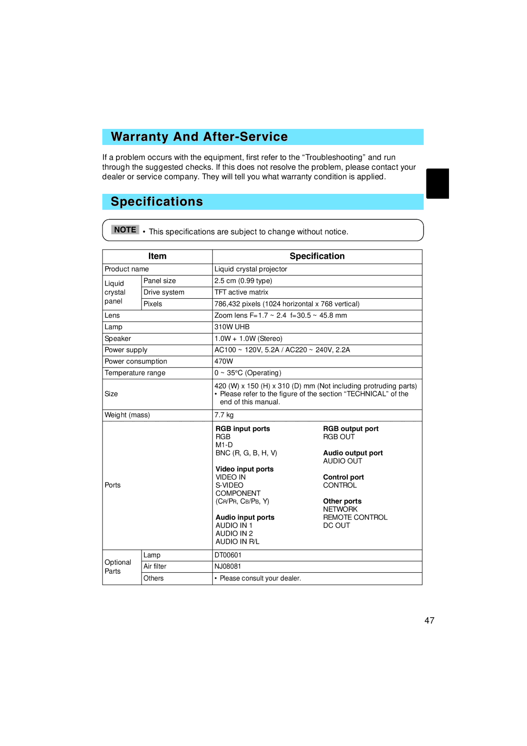 BOXLIGHT MP-57i, MP-58i user manual Warranty And After-Service, Specifications 