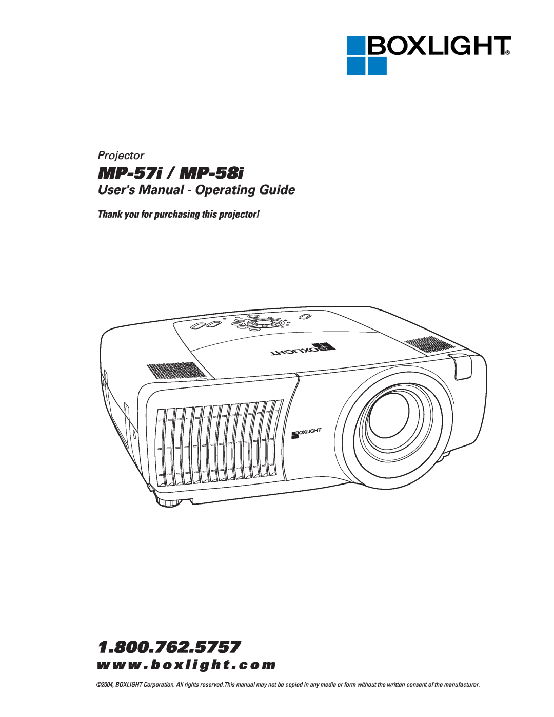 BOXLIGHT user manual MP-57i / MP-58i, 1.800.762.5757, Users Manual - Operating Guide, Projector 