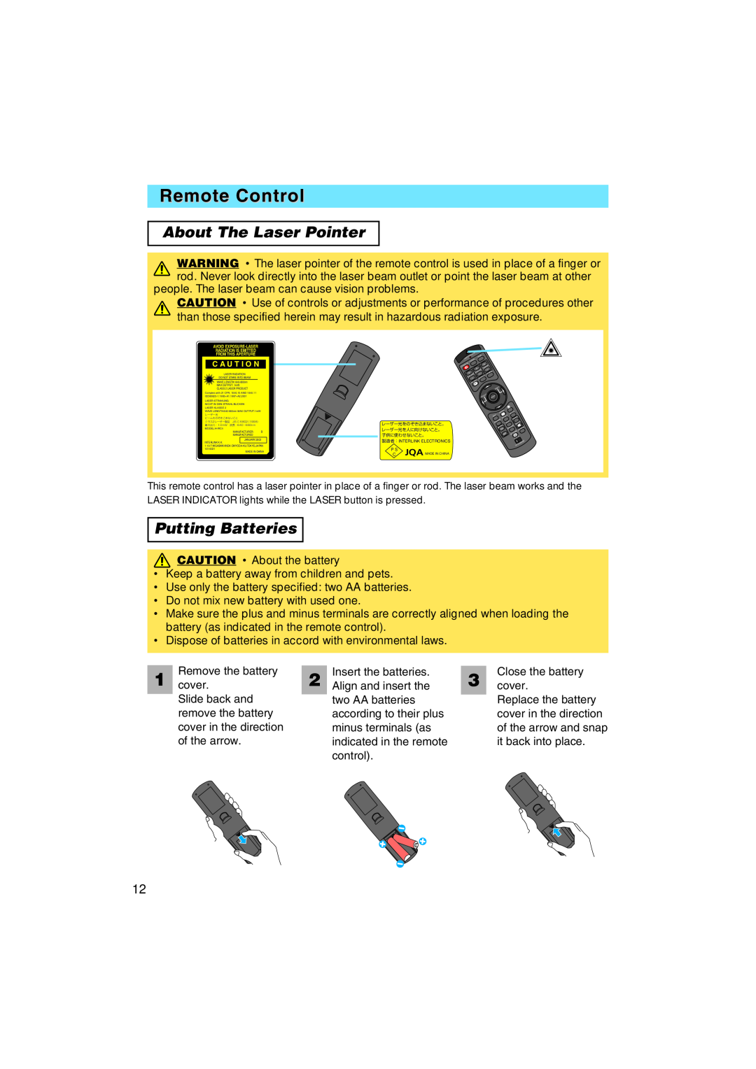 BOXLIGHT MP-58i, MP-57i user manual Remote Control, About The Laser Pointer, Putting Batteries 