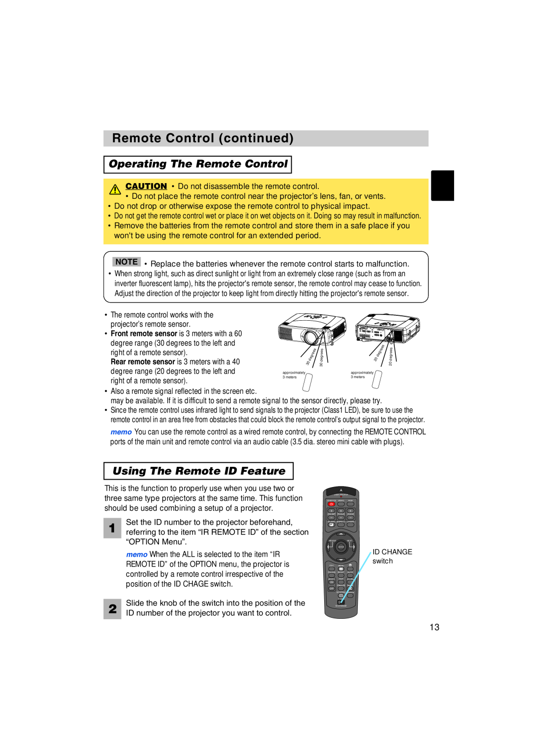 BOXLIGHT MP-57i, MP-58i user manual Remote Control continued, Operating The Remote Control, Using The Remote ID Feature 