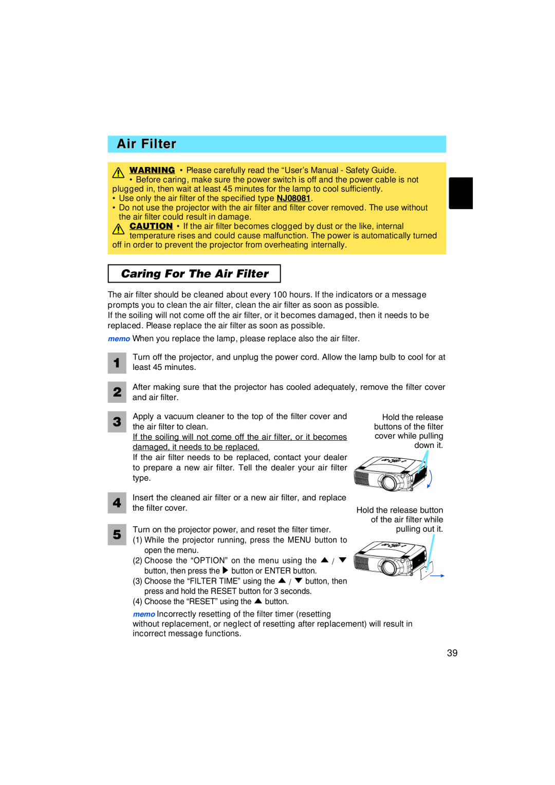 BOXLIGHT MP-57i, MP-58i user manual Caring For The Air Filter 