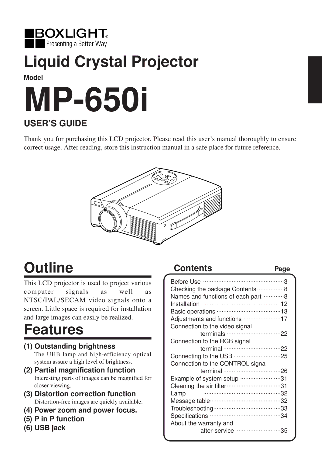 BOXLIGHT MP-650i user manual Outline, Features, Contents 