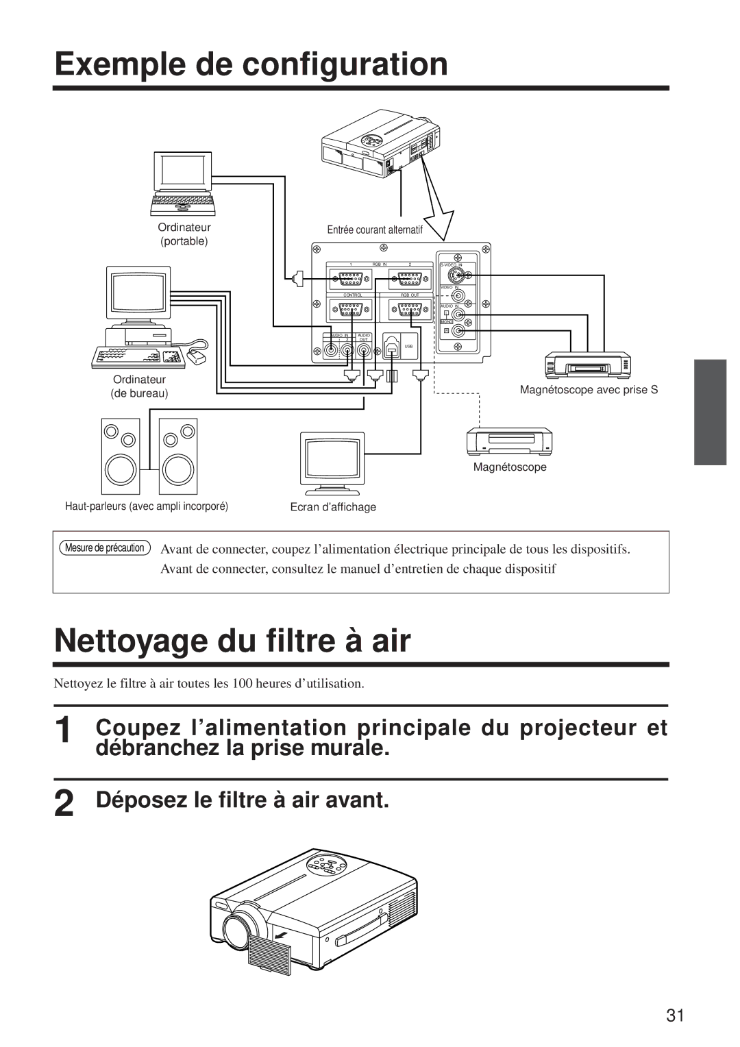 BOXLIGHT MP-650i user manual Exemple de configuration, Nettoyage du filtre à air, Magnétoscope avec prise S 