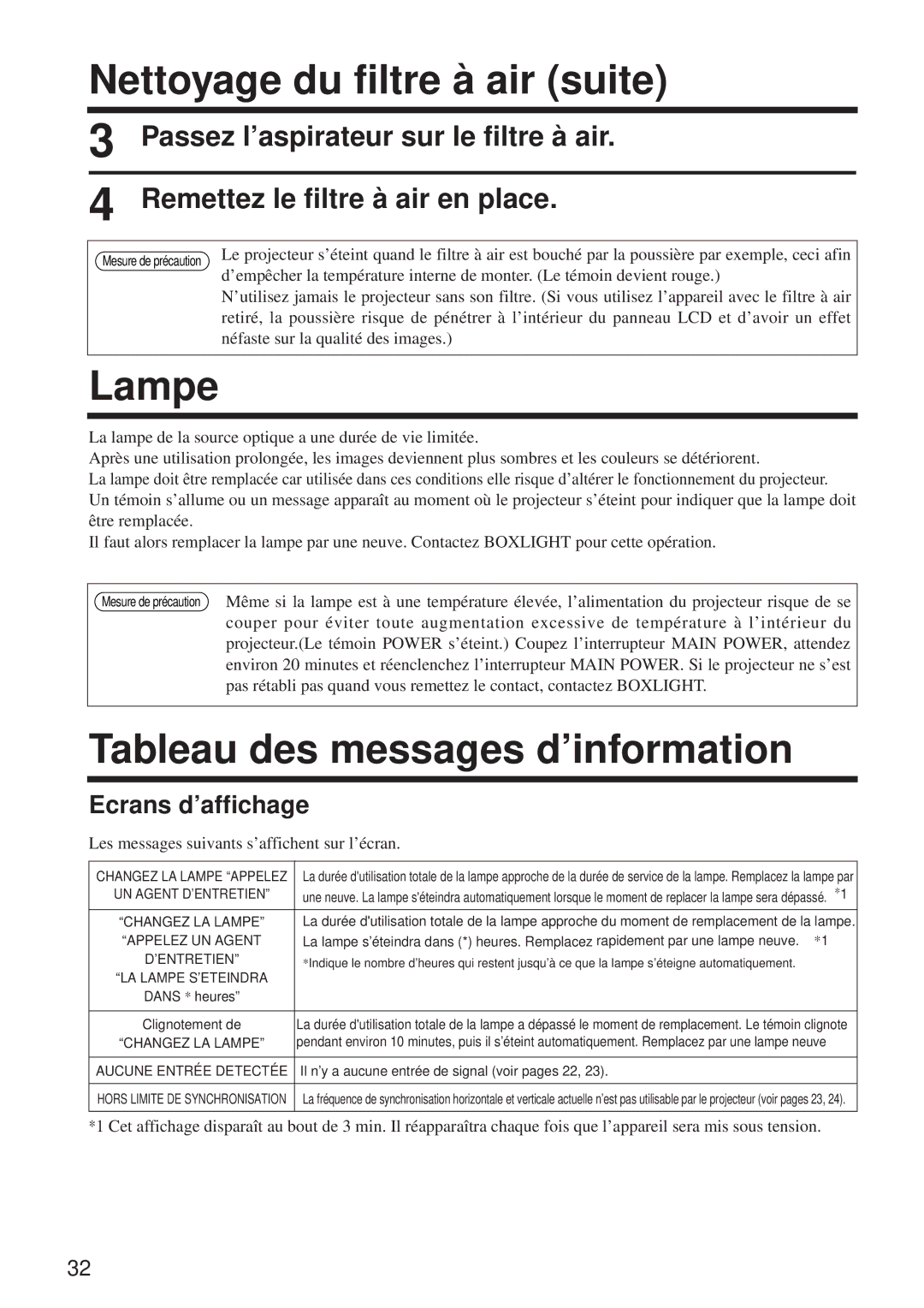 BOXLIGHT MP-650i Nettoyage du filtre à air suite, Tableau des messages d’information, Remettez le filtre à air en place 