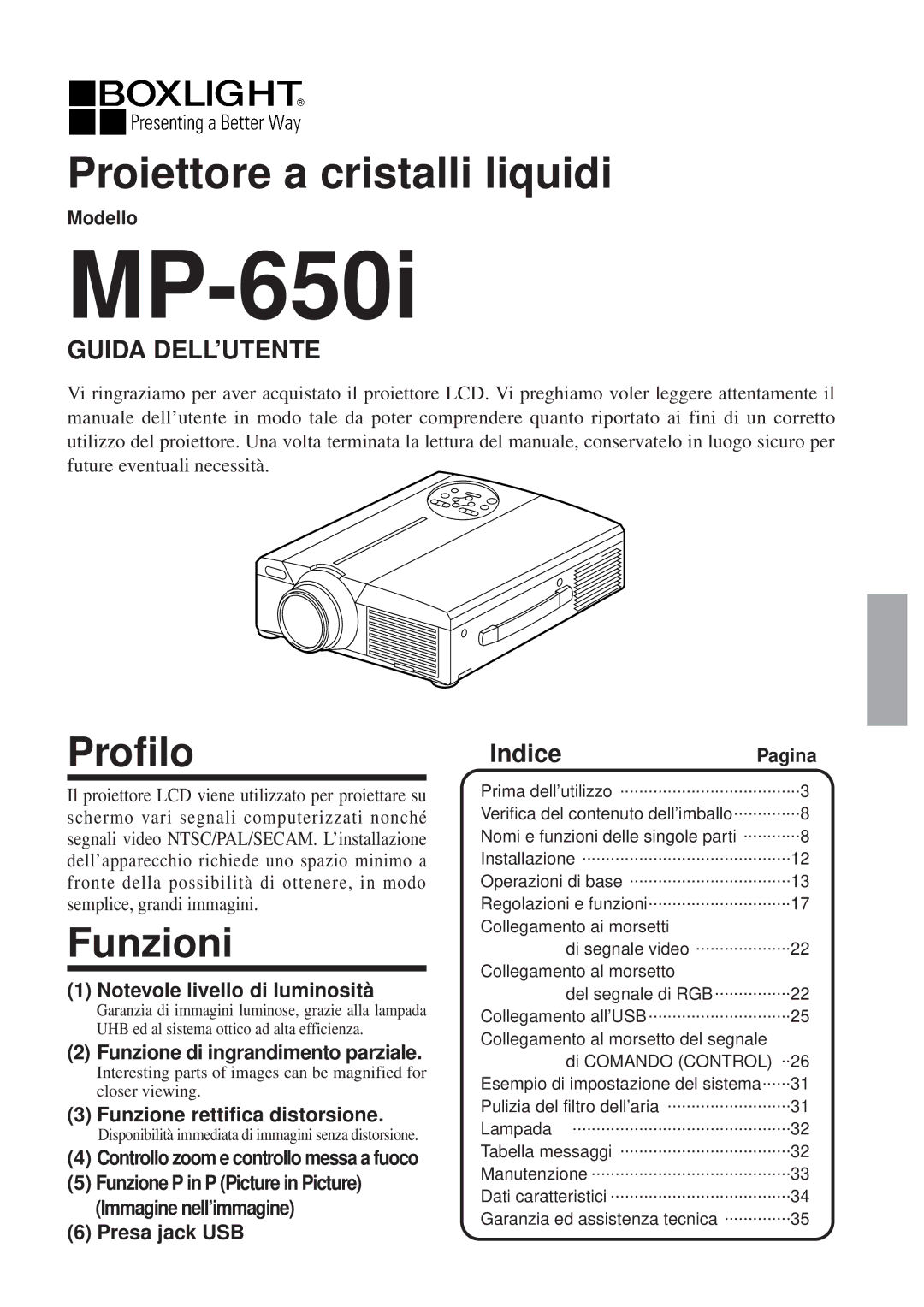 BOXLIGHT MP-650i Profilo, Funzioni, IndicePagina, Modello, Disponibilità immediata di immagini senza distorsione 