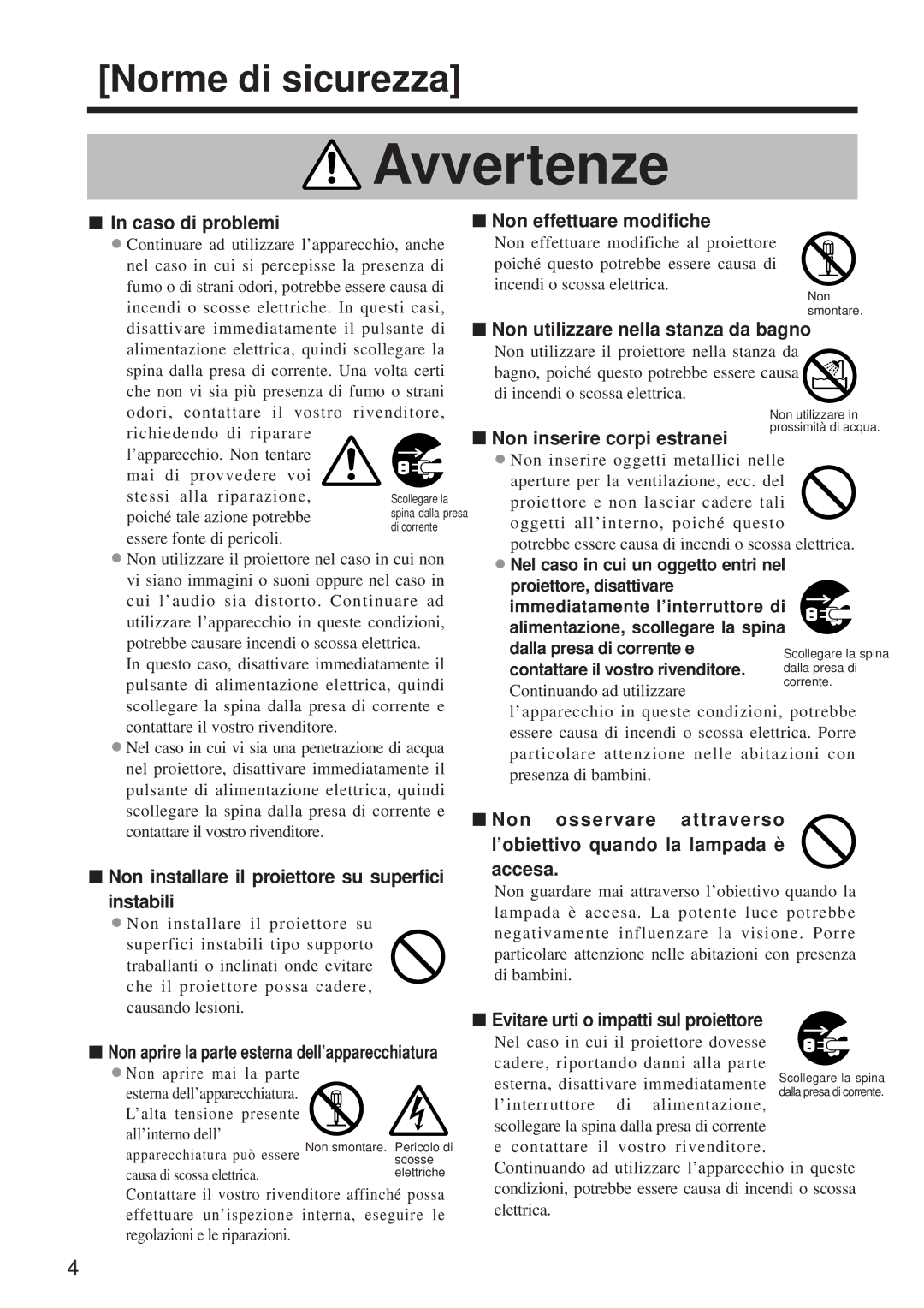 BOXLIGHT MP-650i user manual Caso di problemi, Non effettuare modifiche, Non utilizzare nella stanza da bagno 