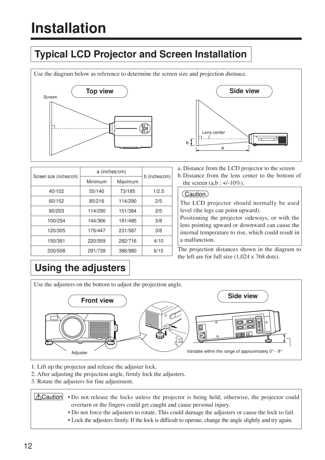 BOXLIGHT MP-650i user manual Typical LCD Projector and Screen Installation, Using the adjusters, Top view Side view 