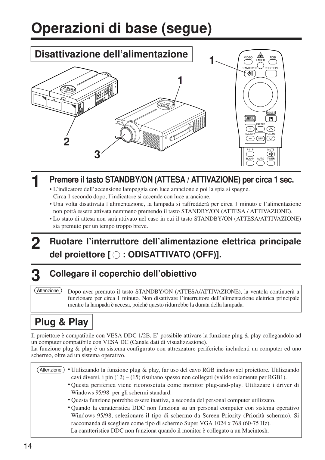 BOXLIGHT MP-650i user manual Operazioni di base segue, Disattivazione dell’alimentazione, Del proiettore Odisattivato OFF 