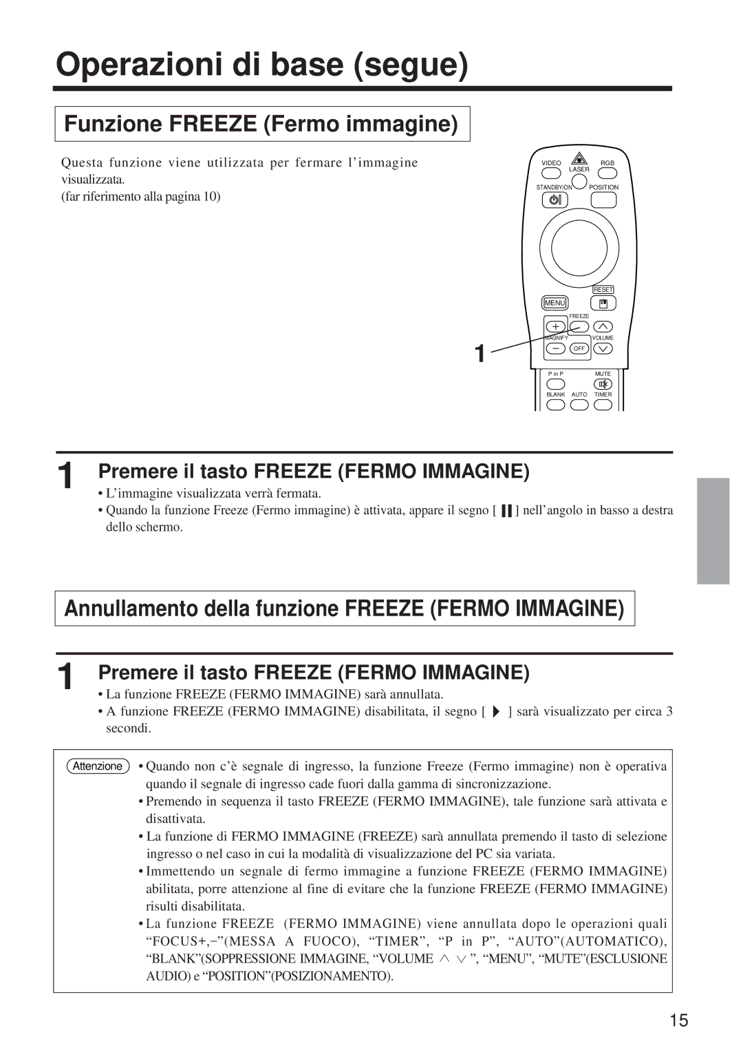 BOXLIGHT MP-650i user manual Funzione Freeze Fermo immagine, Annullamento della funzione Freeze Fermo Immagine 