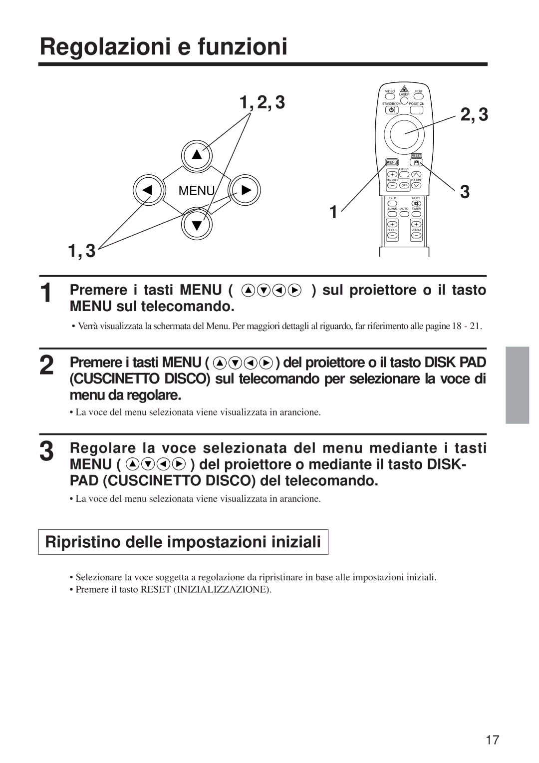 BOXLIGHT MP-650i Regolazioni e funzioni, Ripristino delle impostazioni iniziali, Premere i tasti Menu, Menu da regolare 