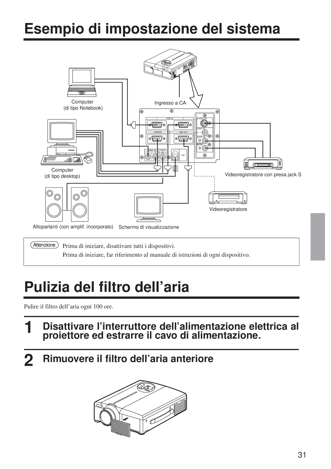 BOXLIGHT MP-650i user manual Esempio di impostazione del sistema, Pulizia del filtro dell’aria 