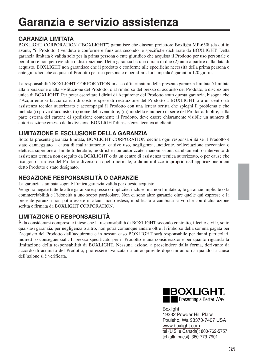 BOXLIGHT MP-650i user manual Garanzia e servizio assistenza, Garanzia Limitata 