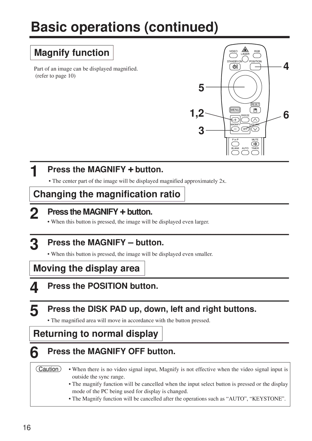 BOXLIGHT MP-650i Magnify function, Changing the magnification ratio, Moving the display area, Returning to normal display 