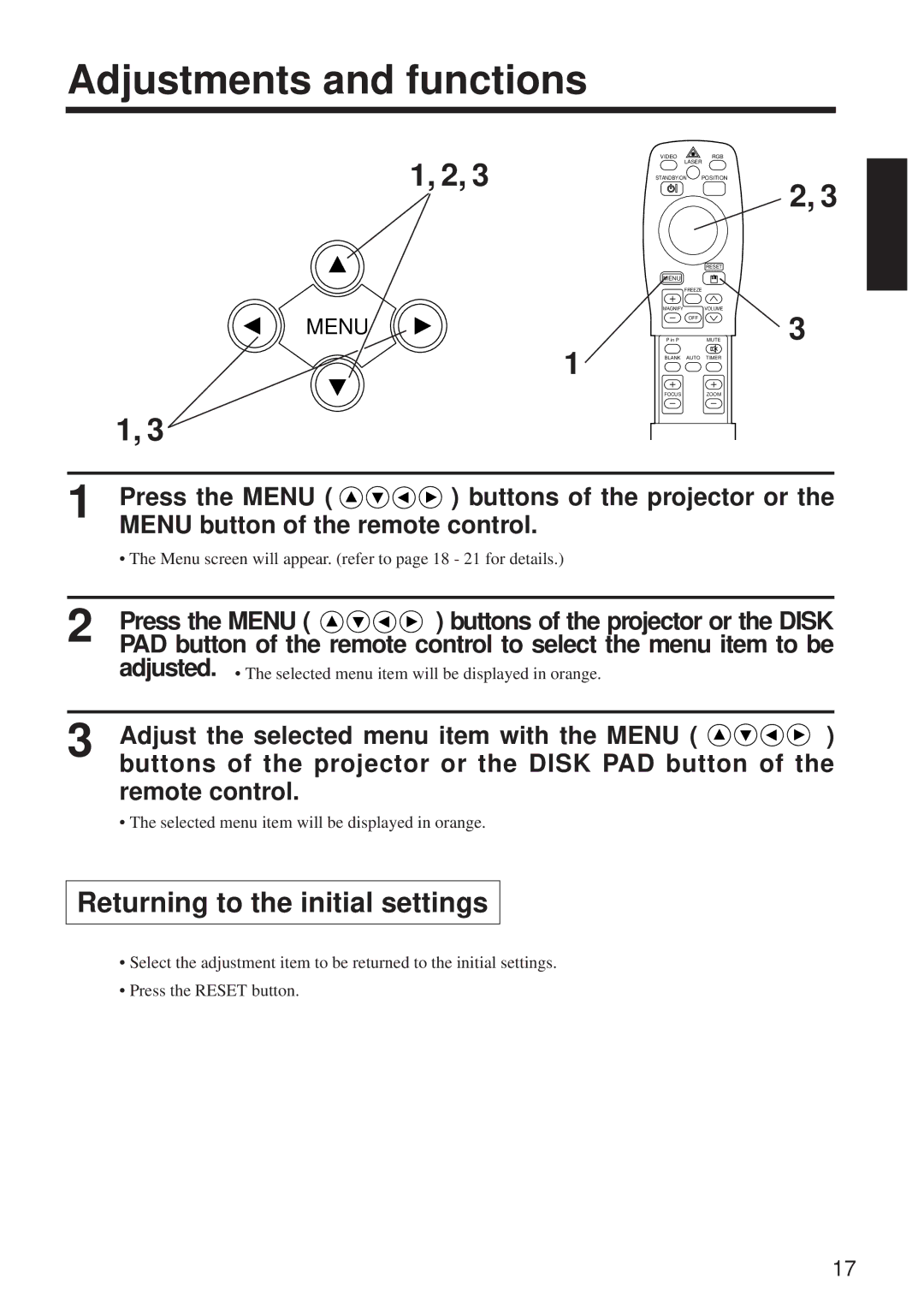 BOXLIGHT MP-650i user manual Adjustments and functions, Returning to the initial settings, Press the Menu 