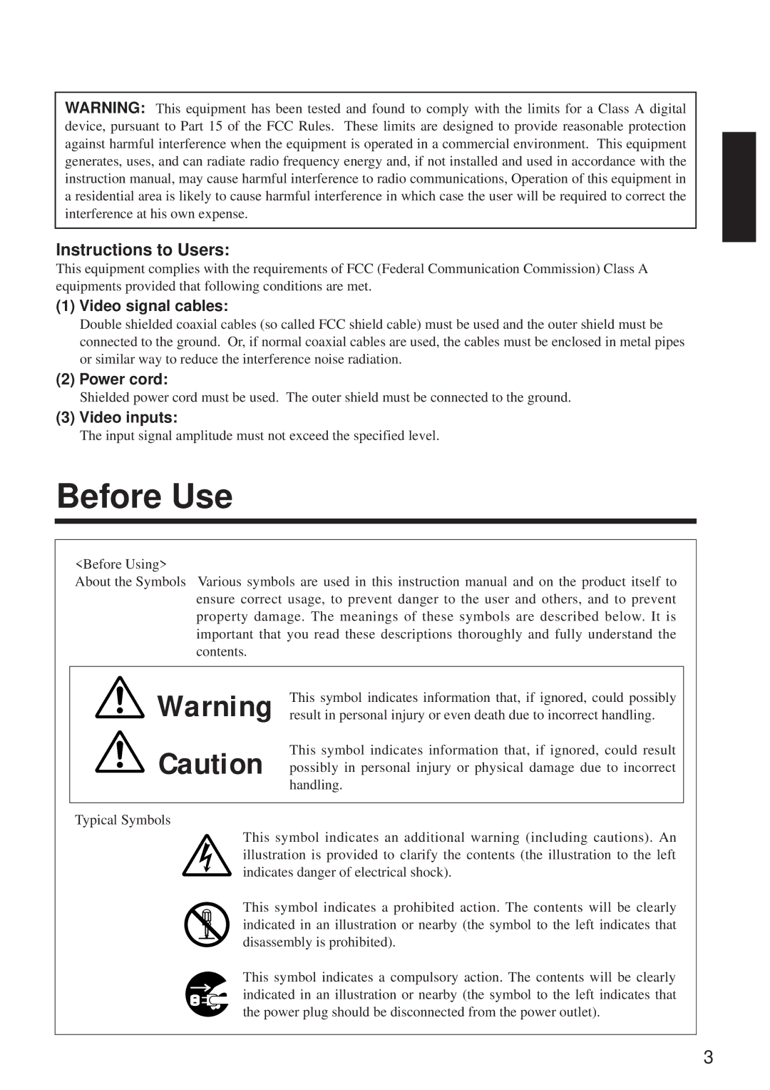 BOXLIGHT MP-650i user manual Before Use, Video signal cables, Power cord, Video inputs 