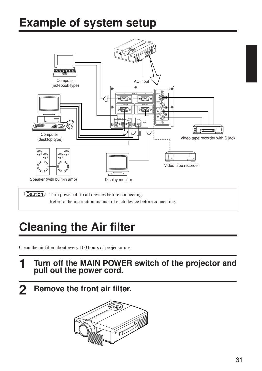 BOXLIGHT MP-650i Example of system setup, Cleaning the Air filter, Pull out the power cord, Remove the front air filter 