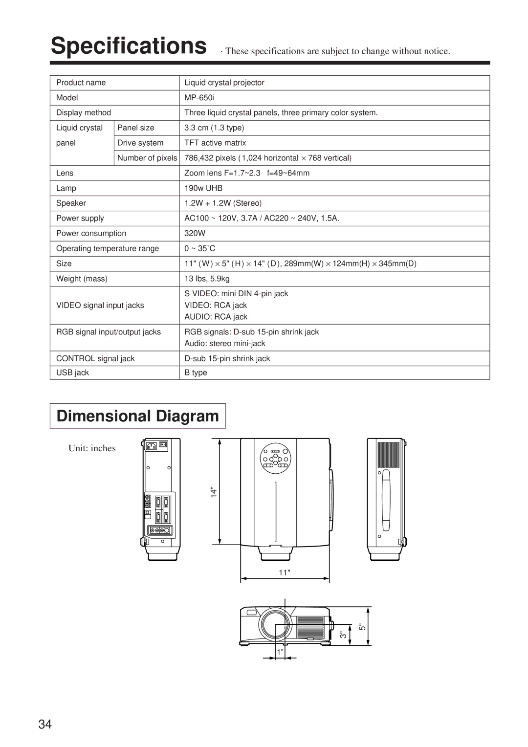 BOXLIGHT MP-650i user manual Dimensional Diagram, Unit inches 