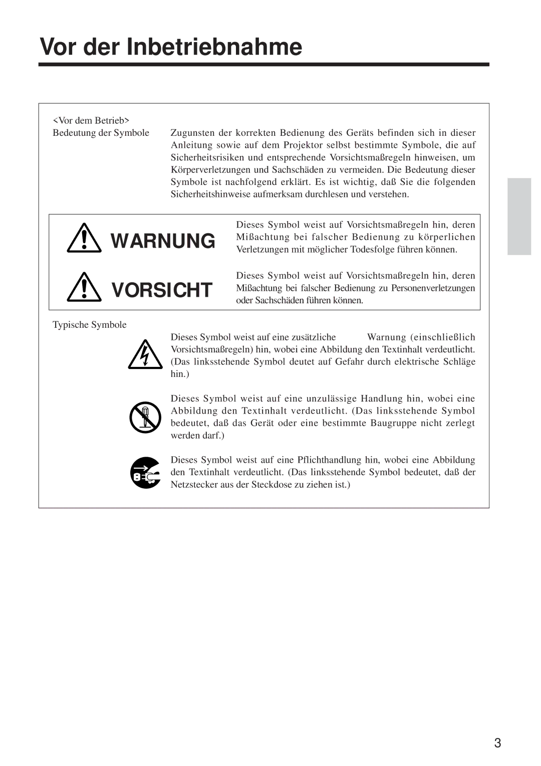 BOXLIGHT MP-650i user manual Vor der Inbetriebnahme, Warnung Vorsicht 