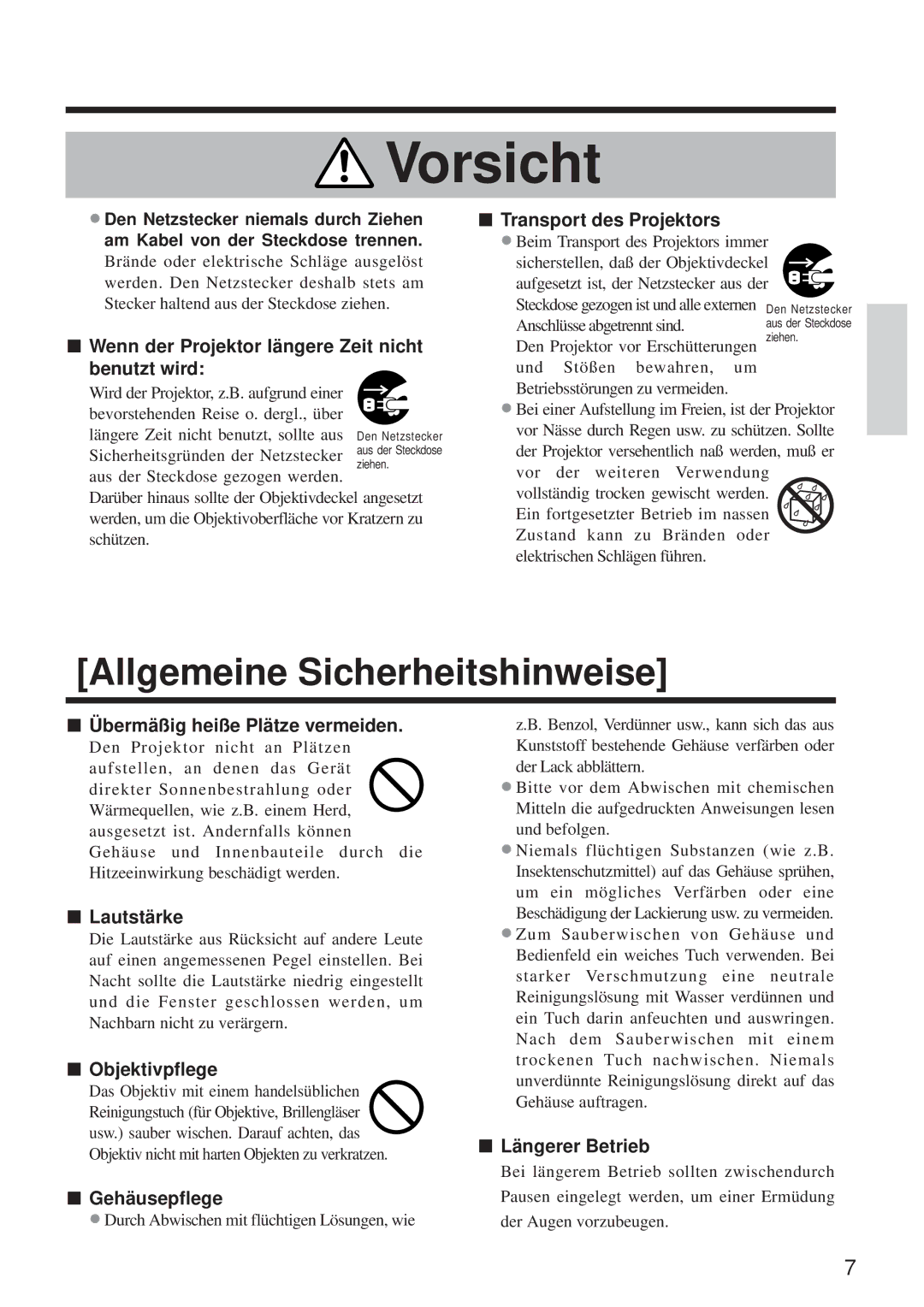 BOXLIGHT MP-650i Wenn der Projektor längere Zeit nicht benutzt wird, Transport des Projektors, Lautstärke, Objektivpflege 