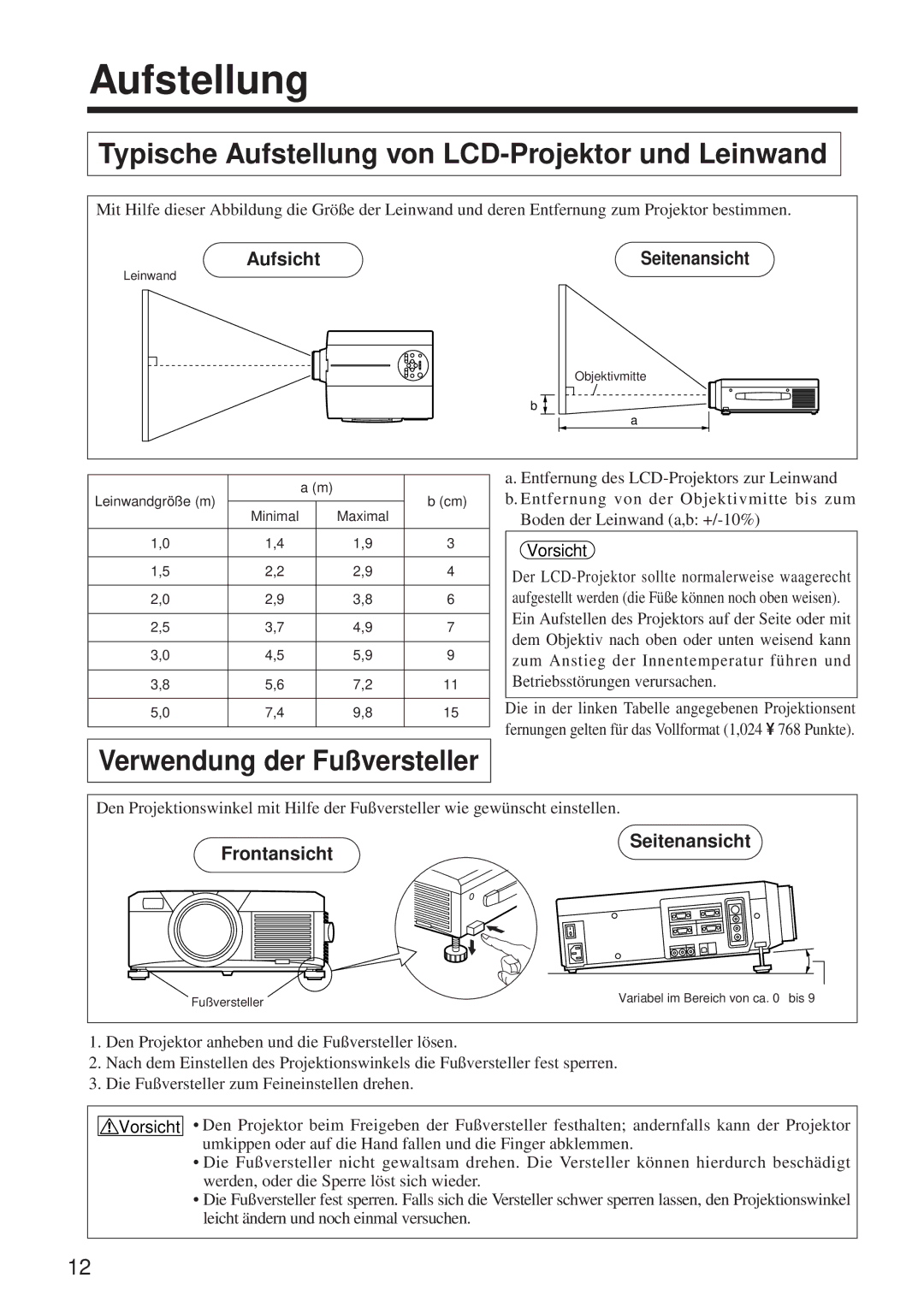 BOXLIGHT MP-650i Typische Aufstellung von LCD-Projektor und Leinwand, Verwendung der Fußversteller, Aufsicht 