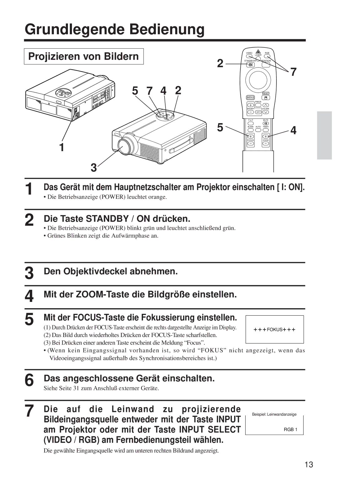 BOXLIGHT MP-650i user manual Grundlegende Bedienung, Projizieren von Bildern, Die Taste Standby / on drücken 