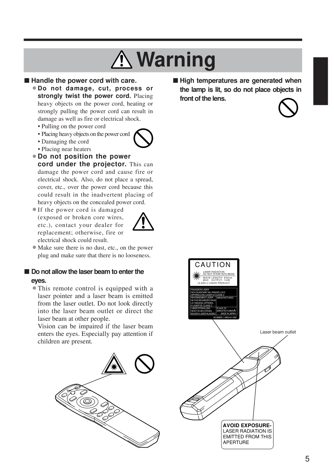 BOXLIGHT MP-650i Handle the power cord with care, Do not position the power, Do not allow the laser beam to enter the eyes 