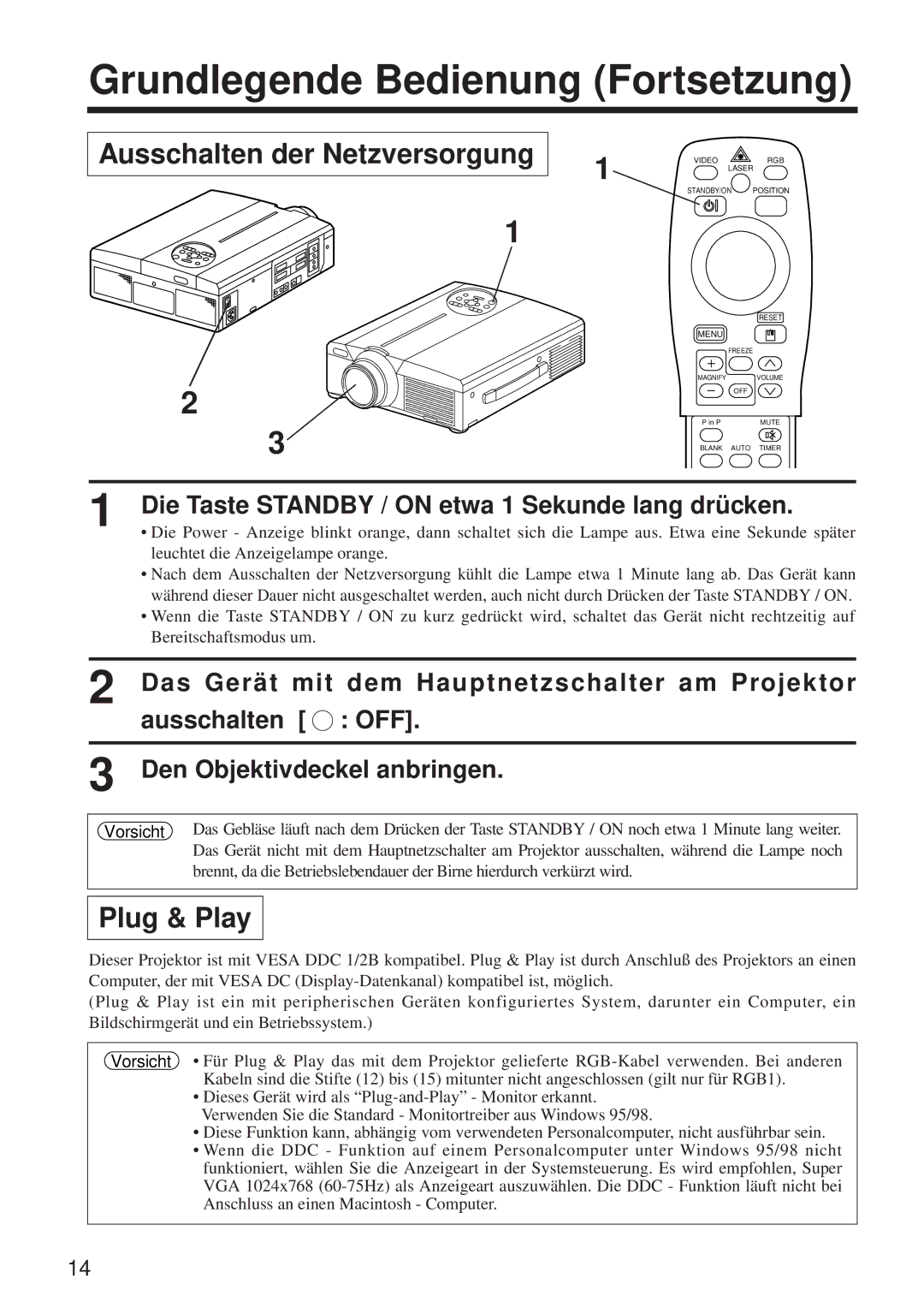 BOXLIGHT MP-650i user manual Grundlegende Bedienung Fortsetzung, Ausschalten der Netzversorgung 