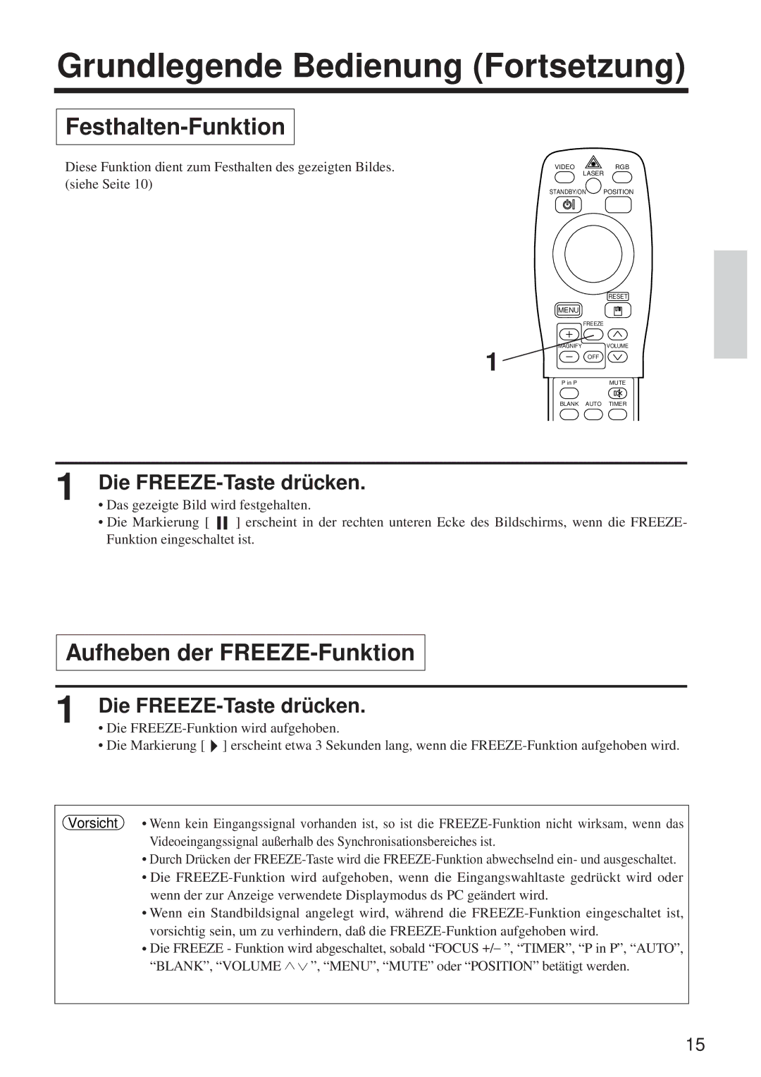 BOXLIGHT MP-650i Festhalten-Funktion, Aufheben der FREEZE-Funktion, Siehe Seite, Die FREEZE-Funktion wird aufgehoben 