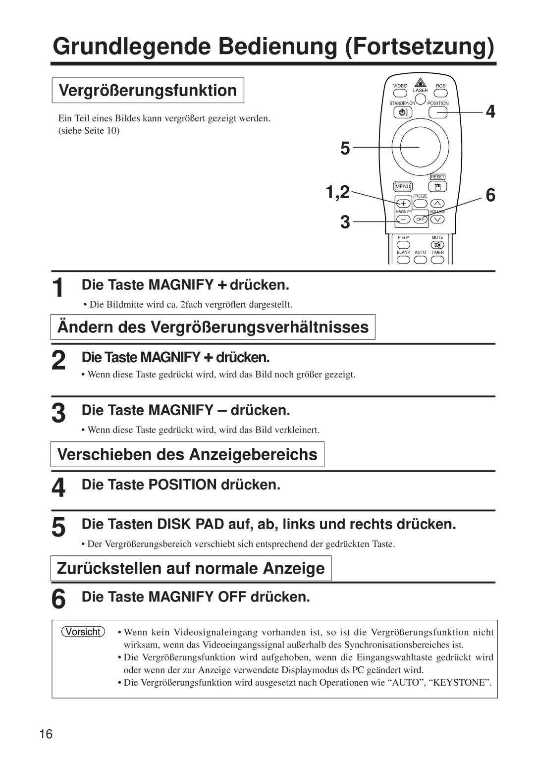 BOXLIGHT MP-650i user manual Vergrößerungsfunktion, Ändern des Vergrößerungsverhältnisses, Verschieben des Anzeigebereichs 