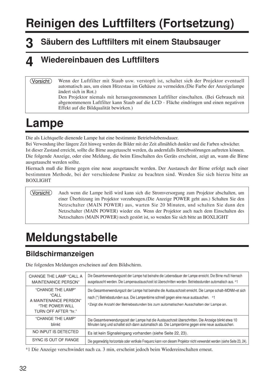 BOXLIGHT MP-650i user manual Reinigen des Luftfilters Fortsetzung, Lampe, Meldungstabelle, Bildschirmanzeigen 